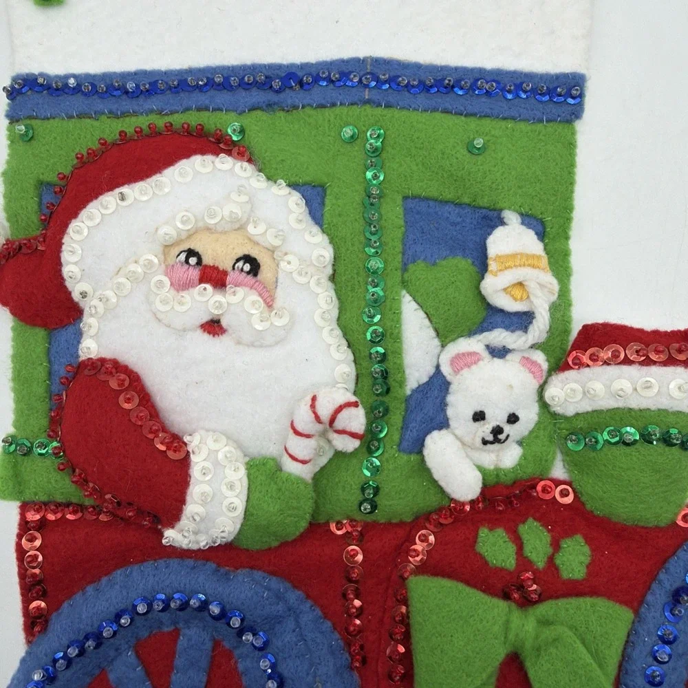 Completed vintage Bucilla  Engineer Santa Felt Christmas Stocking  33096